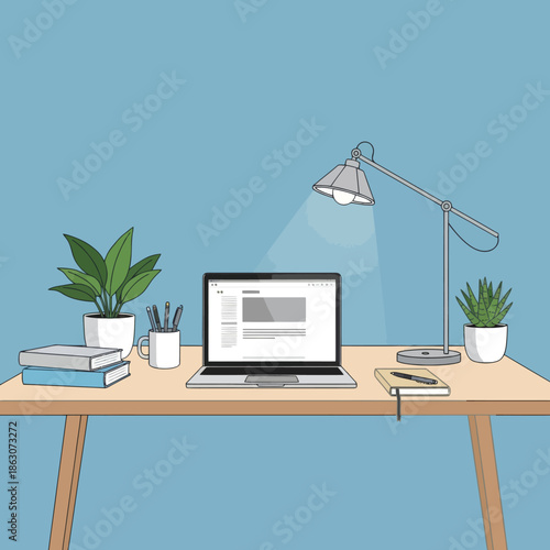 Minimalist desk setup with laptop, lamp, plants, and books on blue background
