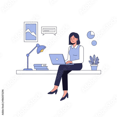 Woman working on laptop at desk with lamp, books, and plant in modern office