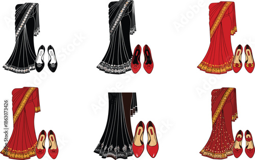 Traditional Indian saree and matching footwear illustration set, red and black ethnic clothing collection, cultural fashion vector isolated