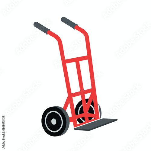 A simple red hand truck with black handles, wheels, and a load platform