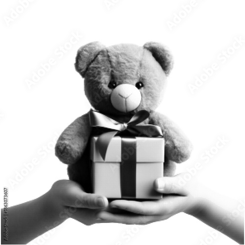 Cute teddy bear holding gift box in human hands on white background. Concept of present, surprise, childhood, care, charity, love, celebration and holiday giving. Halftone illustration.