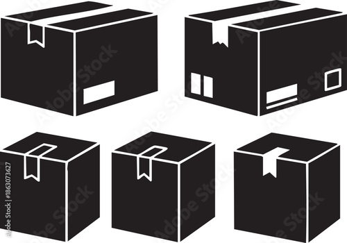 Collection of Black Boxes with Labels and Ribbons on White Background