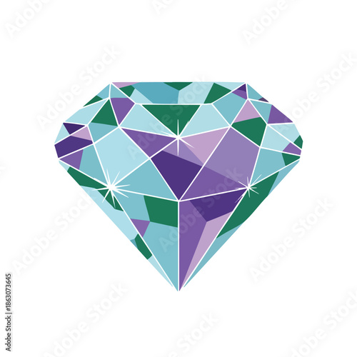 A colorful, geometric diamond illustration with facets and sparkle effects