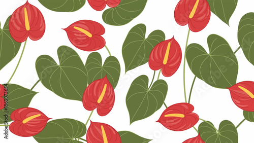 Red Anthurium Flowers with Green Leaves Pattern.