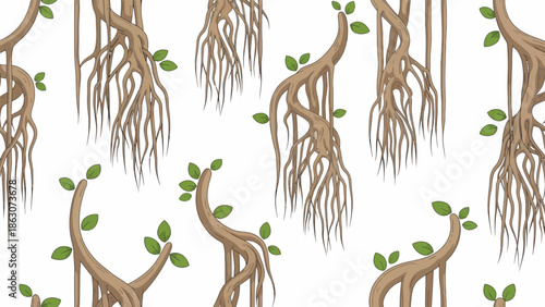 Tree Roots with Green Leaves Growing.