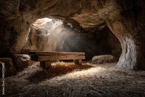 Sunlit interior of a cave with a wooden bench on straw and a beam of light