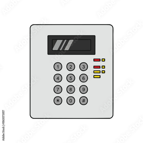 A gray keypad with a display and numbered buttons, with indicator lights