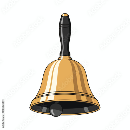 A golden bell with a black handle and a swinging clapper