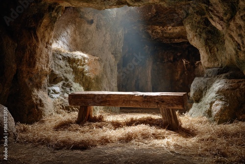 Interior cave scene with a rustic wooden bench, sunlight illuminating the setting