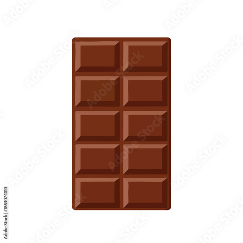 A rectangular chocolate bar with segmented sections of a brown hue, isolated on white