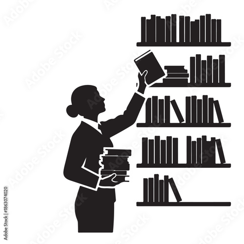 Woman reading books in silhouette style with black color on white background for education