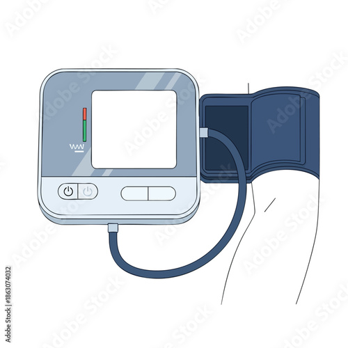 Illustration of a blood pressure monitor with an arm cuff attached