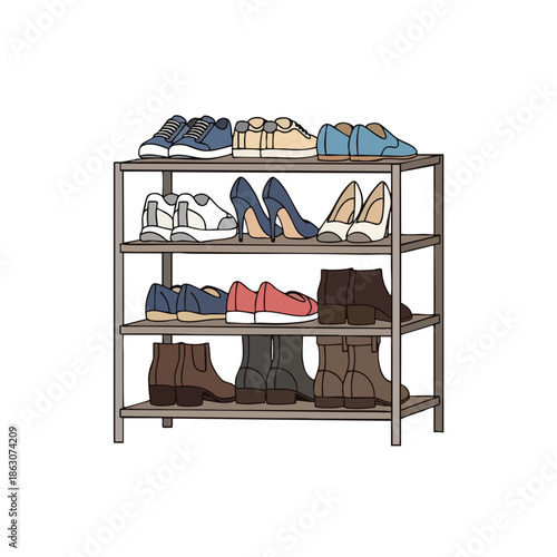 A shoe rack is filled with sneakers, heels, boots, and casual shoes
