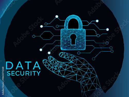 A glowing hand protects a digital padlock amidst a network of connected nodes