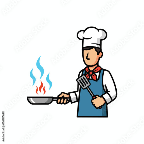 A cartoon chef cooking with a pan and spatula over flames, on a white background