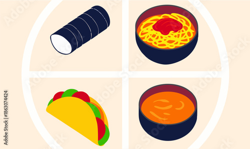 International dishes presented in geometric portion sections