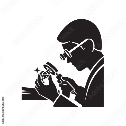 Jeweler Inspecting Diamond in Monochromatic Silhouette with Dramatic Lighting on White Background for Luxury Jewelry Advertising