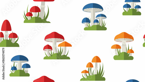 Colorful Mushrooms in Various Stages Growth.