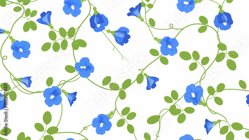 Blue Flowers and Green Leaves Pattern.
