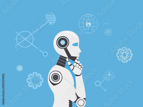 A thoughtful robotic head in profile with digital icons surrounding it