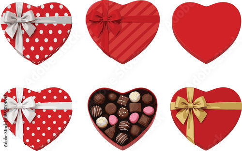 Valentine Heart Shaped Chocolate Boxes with Red Polka Dots and Gourmet Assorted Truffles Vector