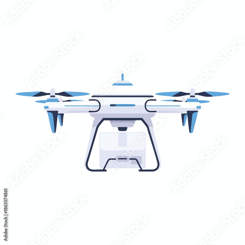 An illustrated drone in white and blue, with four rotors and a box-like cargo hold below
