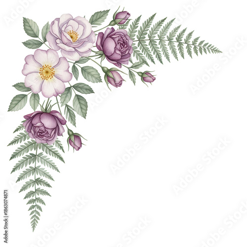 Soft elegant watercolor corner composition featuring wild roses and fern in mauve tones isolated on white background.png