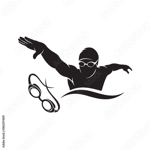 Swimmer Silhouette in Dynamic Pose with Goggles in Monochromatic Illustration for Sports Icon