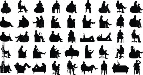 Silhouettes of people using laptops in diverse seated and reclined positions, illustrating remote work, study, leisure, and ergonomic computing styles