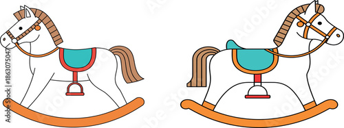 Vintage wooden rocking horse toy vector illustration set for nursery decor baby shower invitations children playroom and kindergarten educational branding.