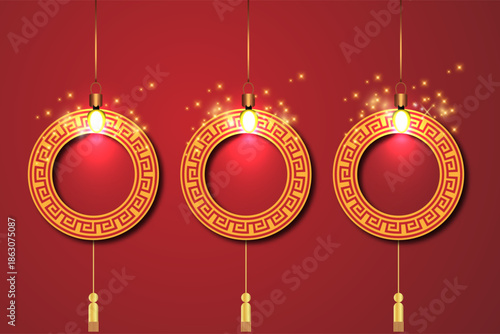 Happy Chinese New Year 2026 background with lanterns and Chinese elements 3 ornament space