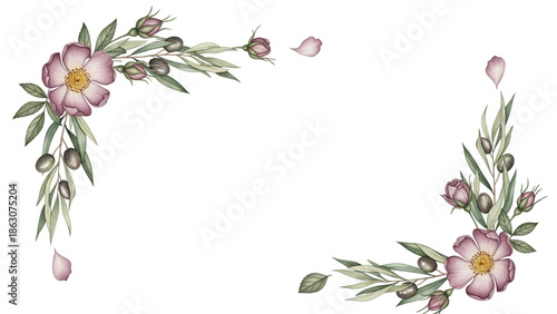 Hand painted elegant watercolor corner frame with wild roses and olive branches in muted mauve isolated on white background.png