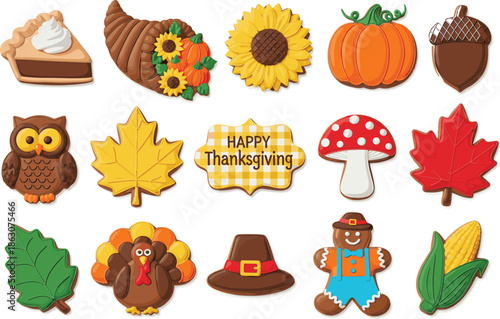 Large Set of Thanksgiving Gingerbread Cookies with Turkey Pumpkin Pie Cornucopia and Autumn Leaves Vector