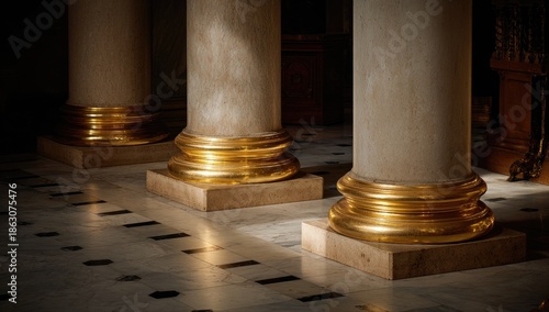 Close-up of three marble pillars with gold gilded bases, interior architecture lit