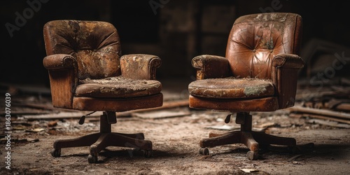 Two weathered office chairs, worn leather, sit in a dilapidated, decaying interior
