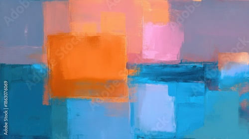 Abstract Colorful Oil Painting Orange Blue Pink Geometric Blocks