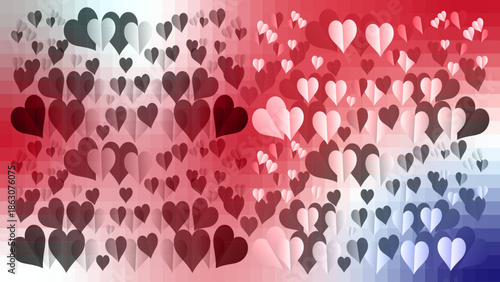 A multitude of overlapping paper hearts in shades of red white and blue love valentine