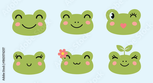 Set of six cute cartoon frog faces with different happy expressions and decorative elements on a soft light blue backdrop.
