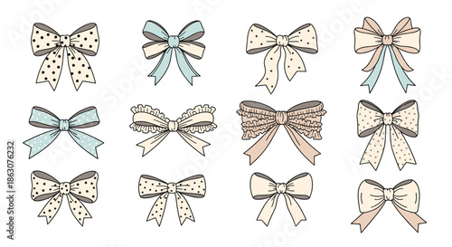 Diverse collection of illustrated hair bows and ribbons in various patterns and colors including dots and stripes for fashion needs.