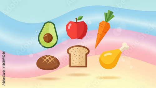 Collection of healthy food icons including avocado apple carrot bread and chicken leg for nutrition and diet concepts flat vector illustration