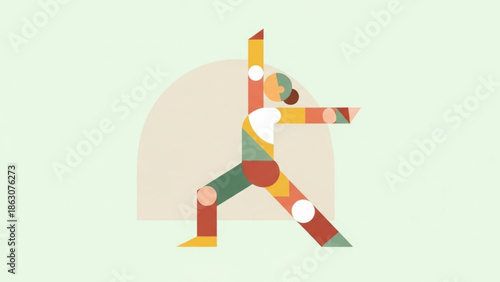Geometric yoga pose illustration warrior II asana in flat design style abstract concept for wellness and fitness isolated on pastel background
