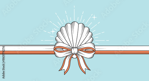 Unique maritime illustration of a white seashell adorned with a striped ribbon bow and sparkling rays on a light blue background.