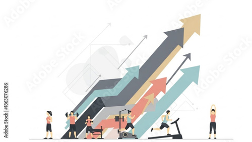 Fitness and business growth concept people exercising with upward trending arrows and charts vector illustration for health and finance success