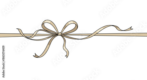 Simple tan colored ribbon with a graceful bow tied in the center extending horizontally for understated elegant gift packaging.