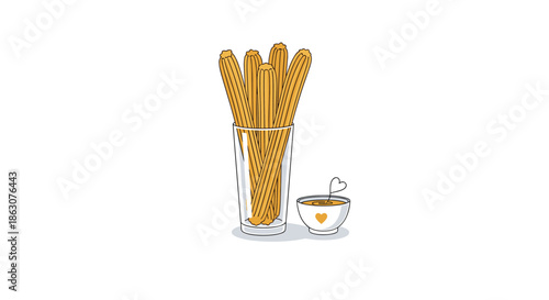 Delicious breakfast scene showing several golden churros served in a tall glass with a small bowl of chocolate dipping sauce.