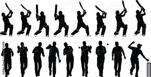 Silhouettes of cricket players batting and bowling in dynamic action poses, showcasing sports energy, technique, competition, and athletic performance