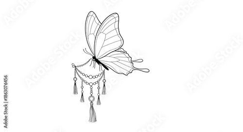 Beautiful butterfly line art illustration with a decorative jeweled pendant hanging from its wing for complex coloring art.