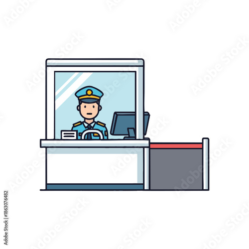 Cartoon depiction of a uniformed officer behind a desk, with a computer
