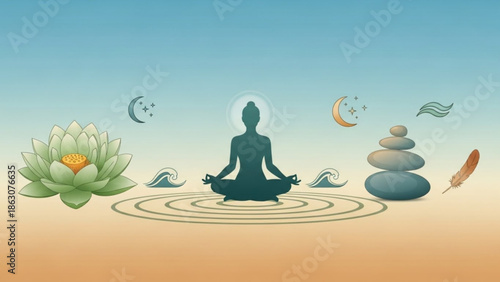Silhouette of person meditating in lotus pose surrounded by symbols of nature and tranquility vector illustration for wellness and mindfulness concepts