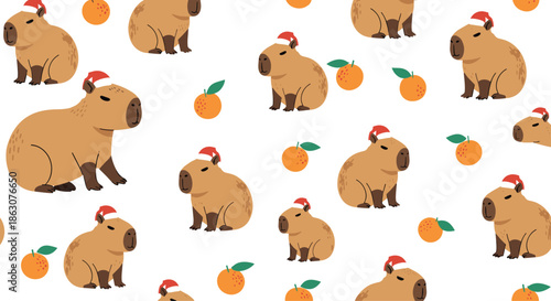 Fun seamless pattern featuring cute capybaras wearing red Santa hats interspersed with fresh oranges on a white background.